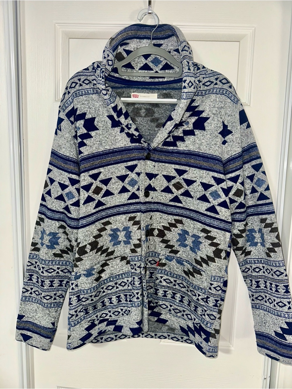 Levi's Blue & Gray Patterned Shawl Collar Cardigan
